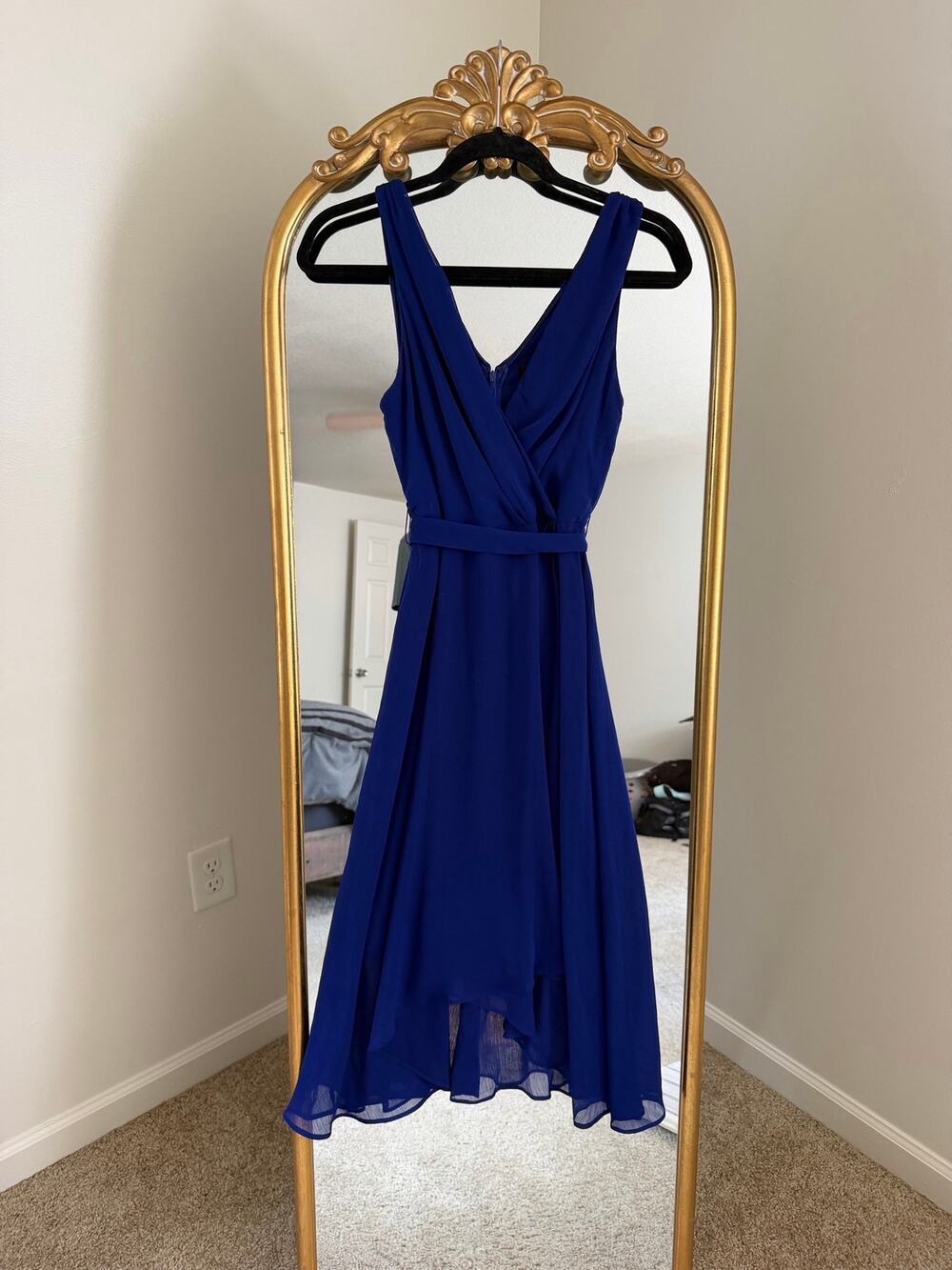DKNY Blue Chiffon High Low Sleeveless V Neck Tie Waist Dress
